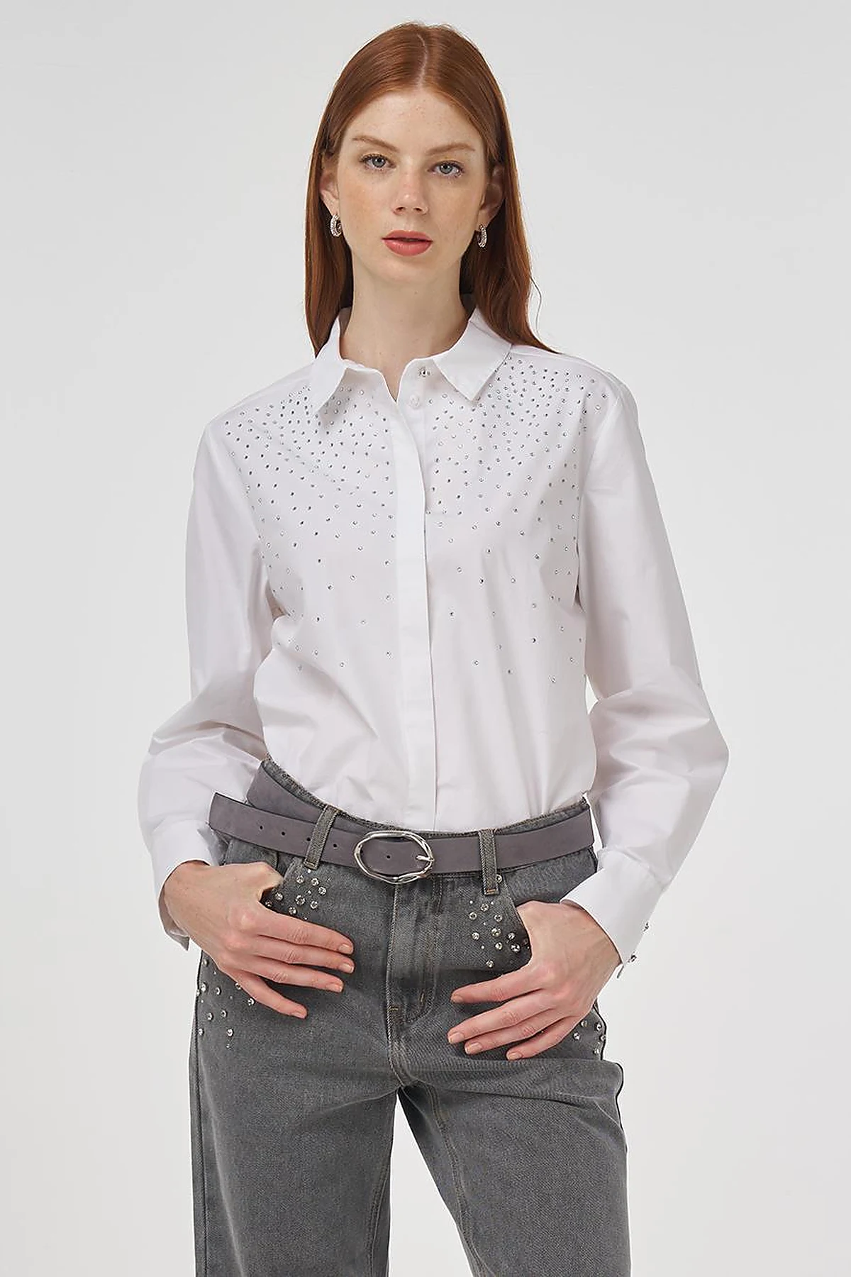 Stone Embroidered Denim Pants Gray