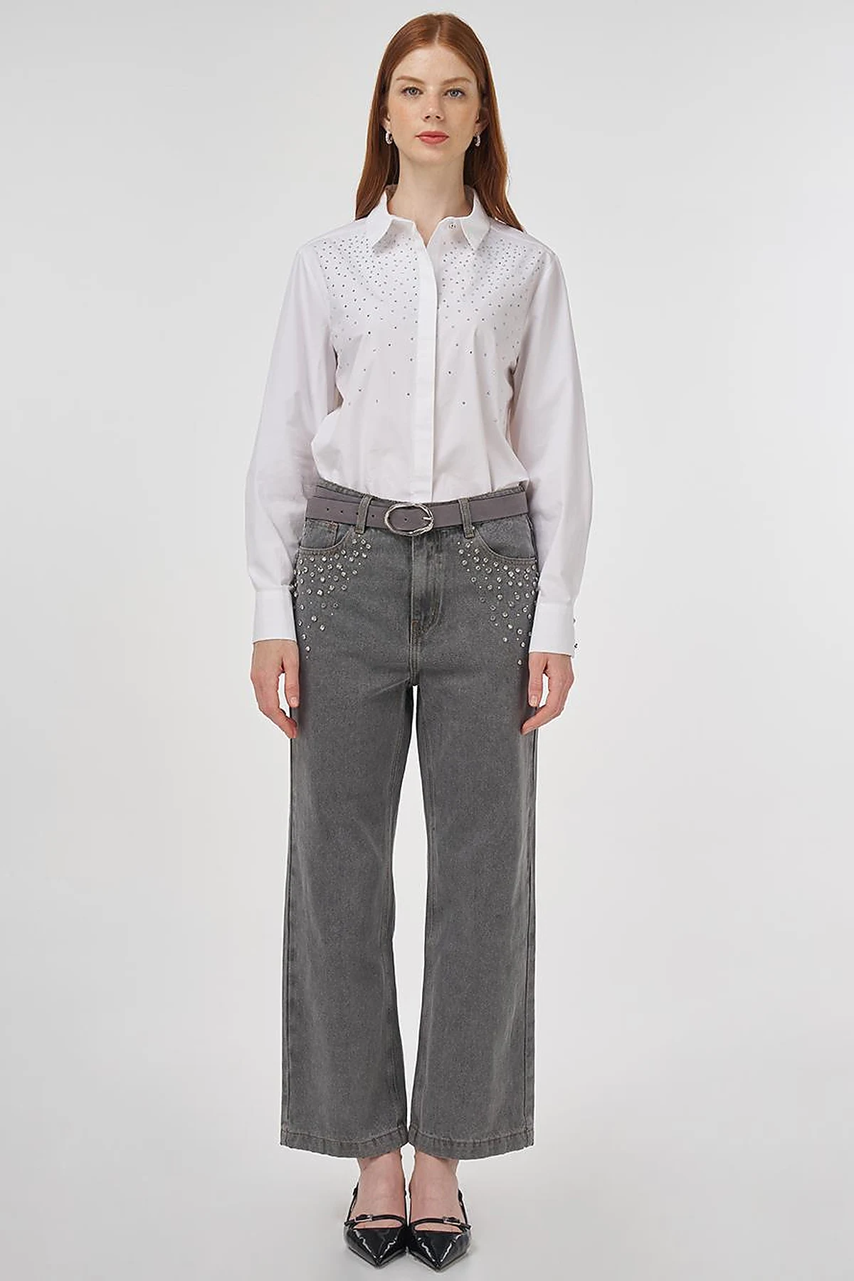 Stone Embroidered Denim Pants Gray