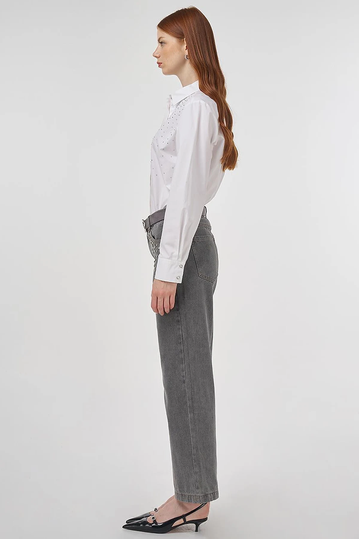 Stone Embroidered Denim Pants Gray