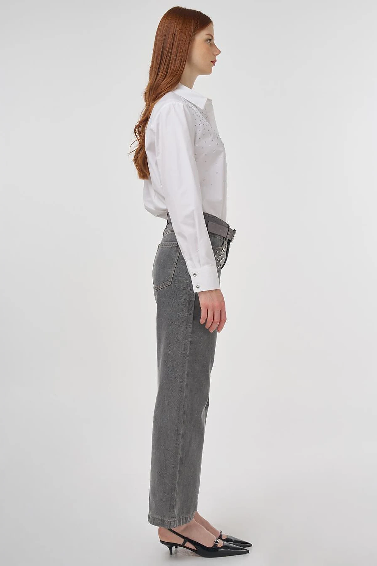 Stone Embroidered Denim Pants Gray
