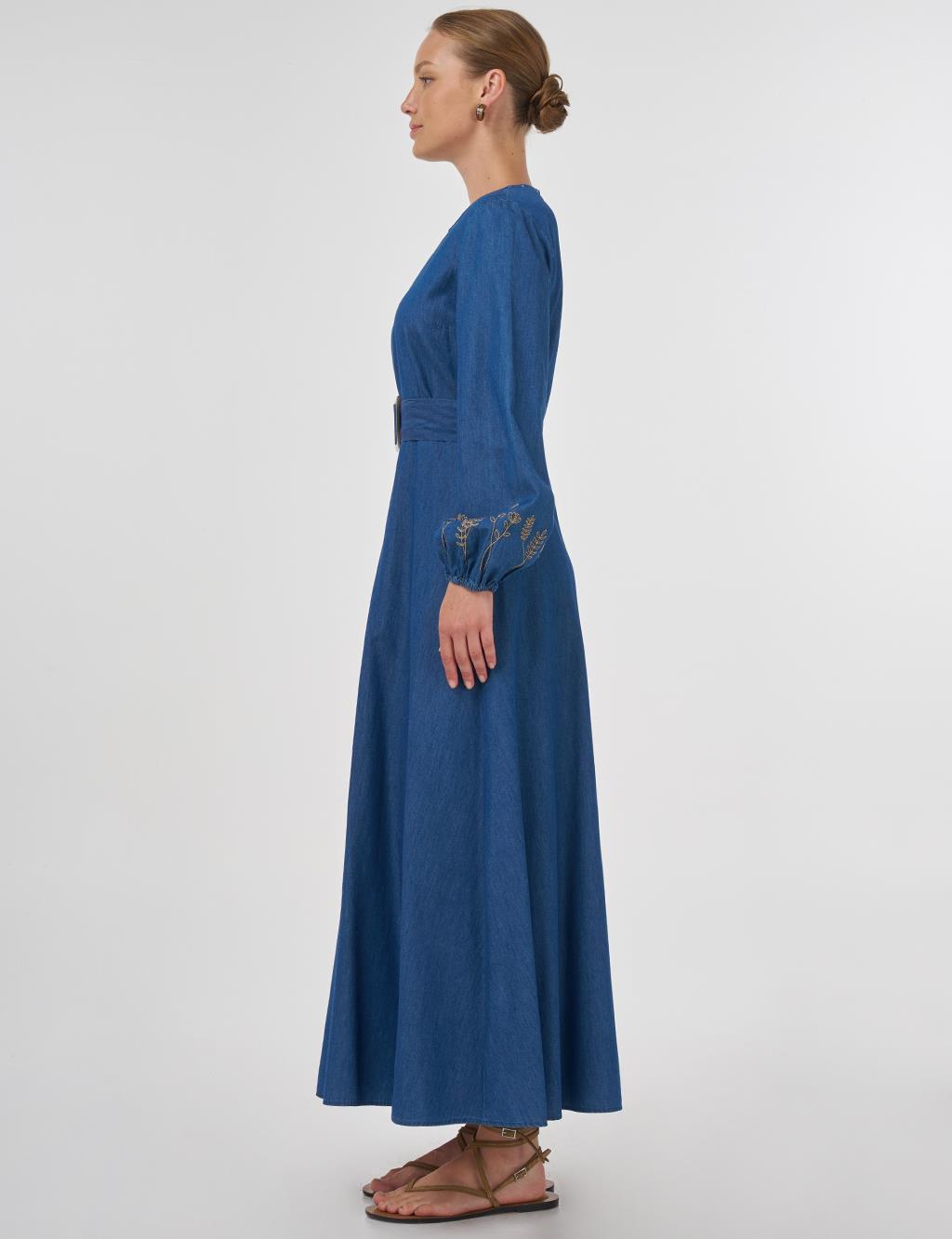 Buckle Detailed Cotton Maxi Dress Indigo