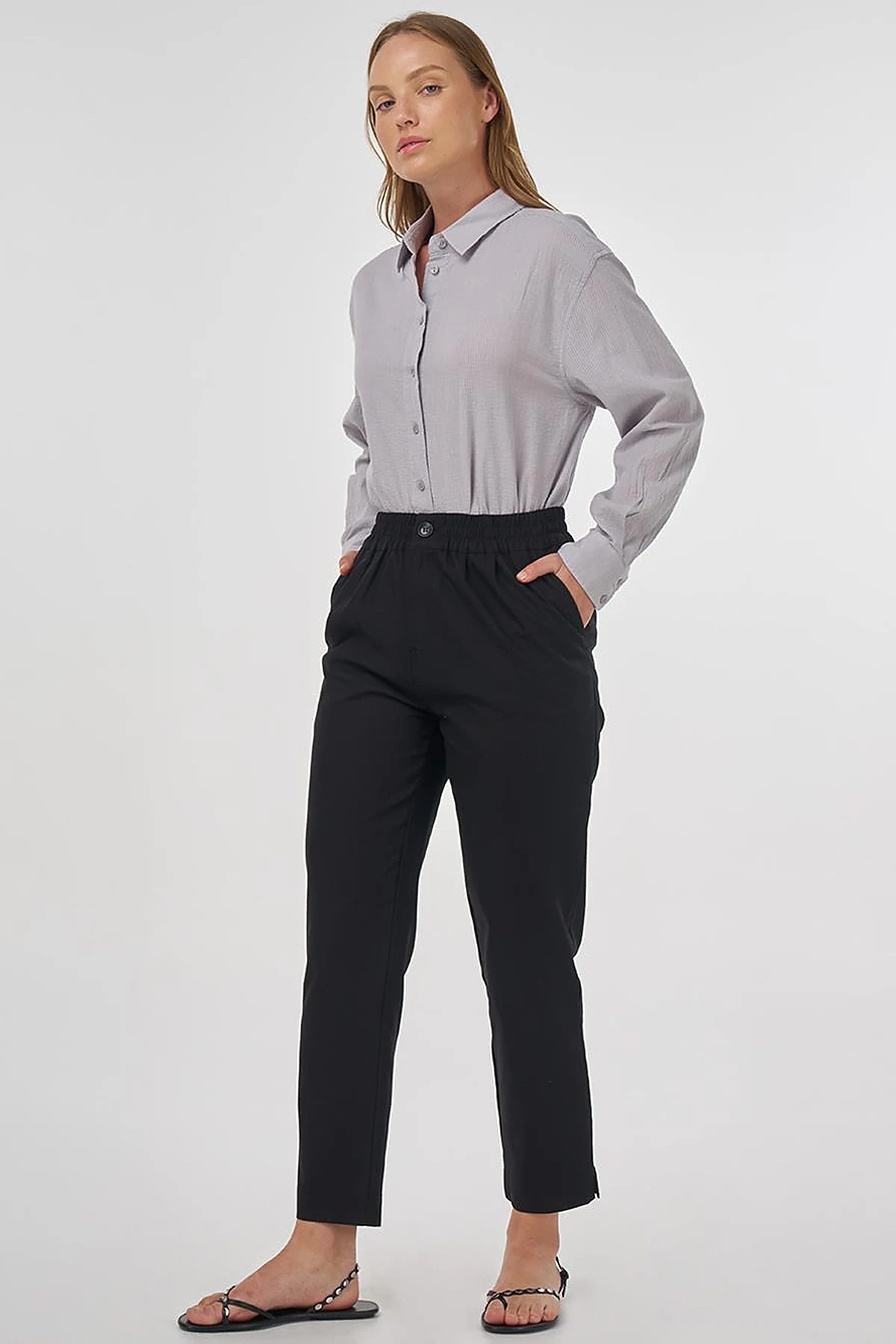 Elasticated Waist Straight-Leg Pants Black