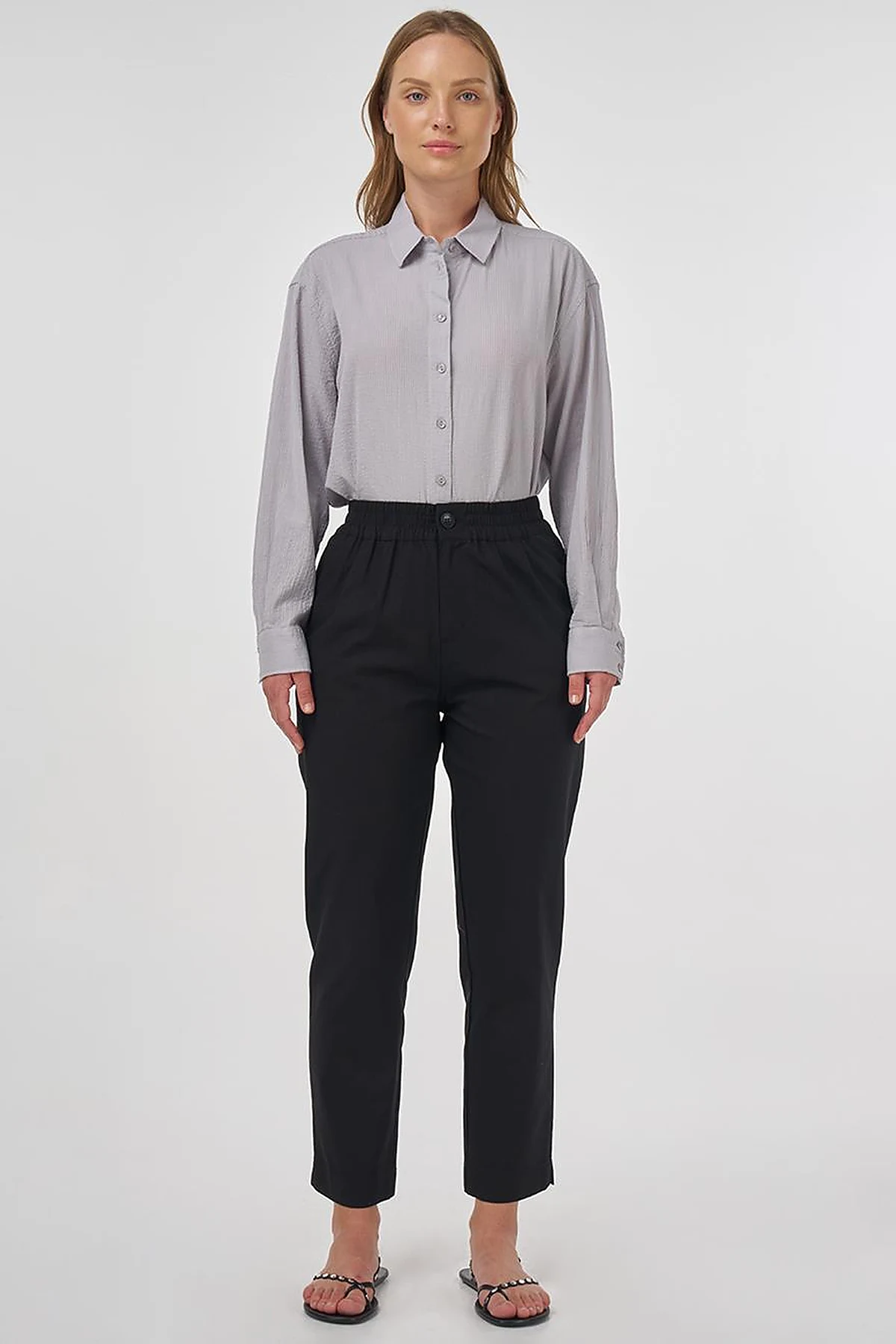 Elasticated Waist Straight-Leg Pants Black