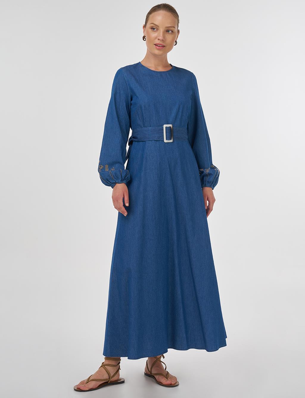 Buckle Detailed Cotton Maxi Dress Indigo