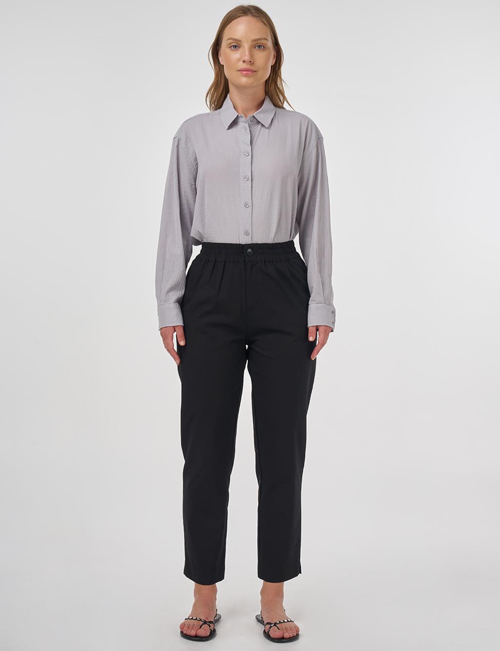 Elasticated Waist Straight-Leg Pants Black