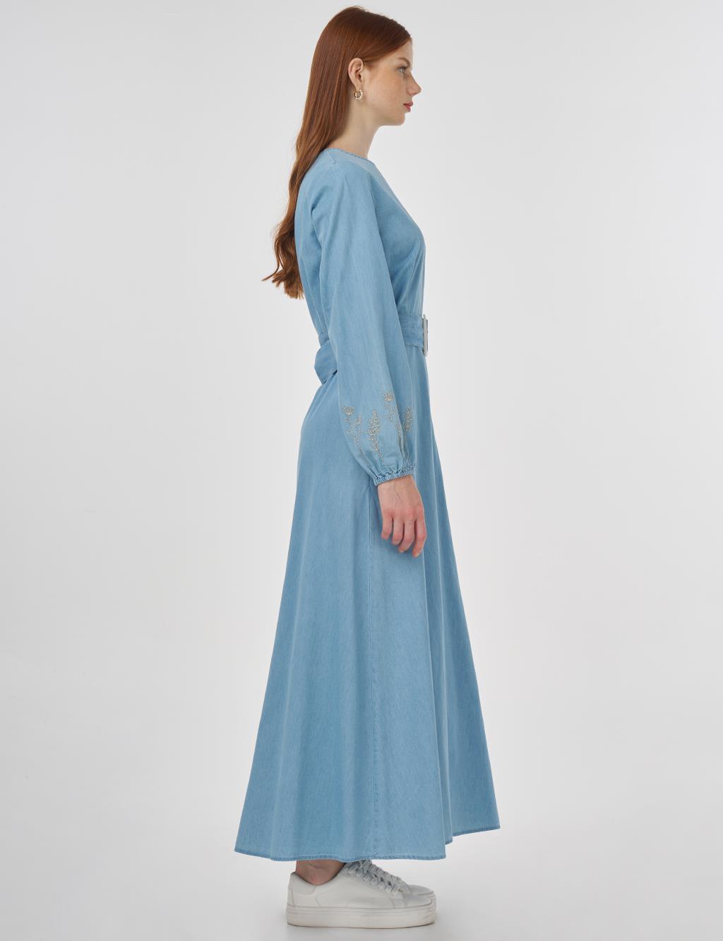 Buckle Detailed Cotton Maxi Dress Ice Blue