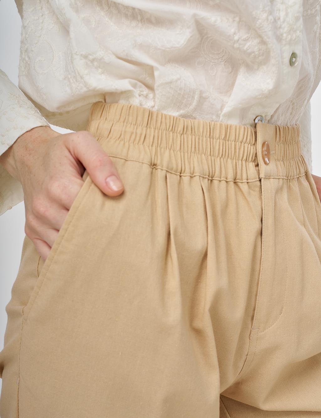 Beli Lastikli Boru Paça Pantolon Bej