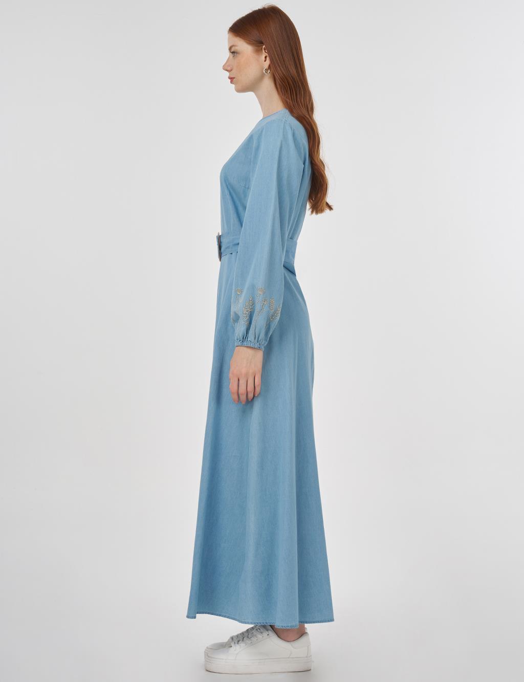 Buckle Detailed Cotton Maxi Dress Ice Blue