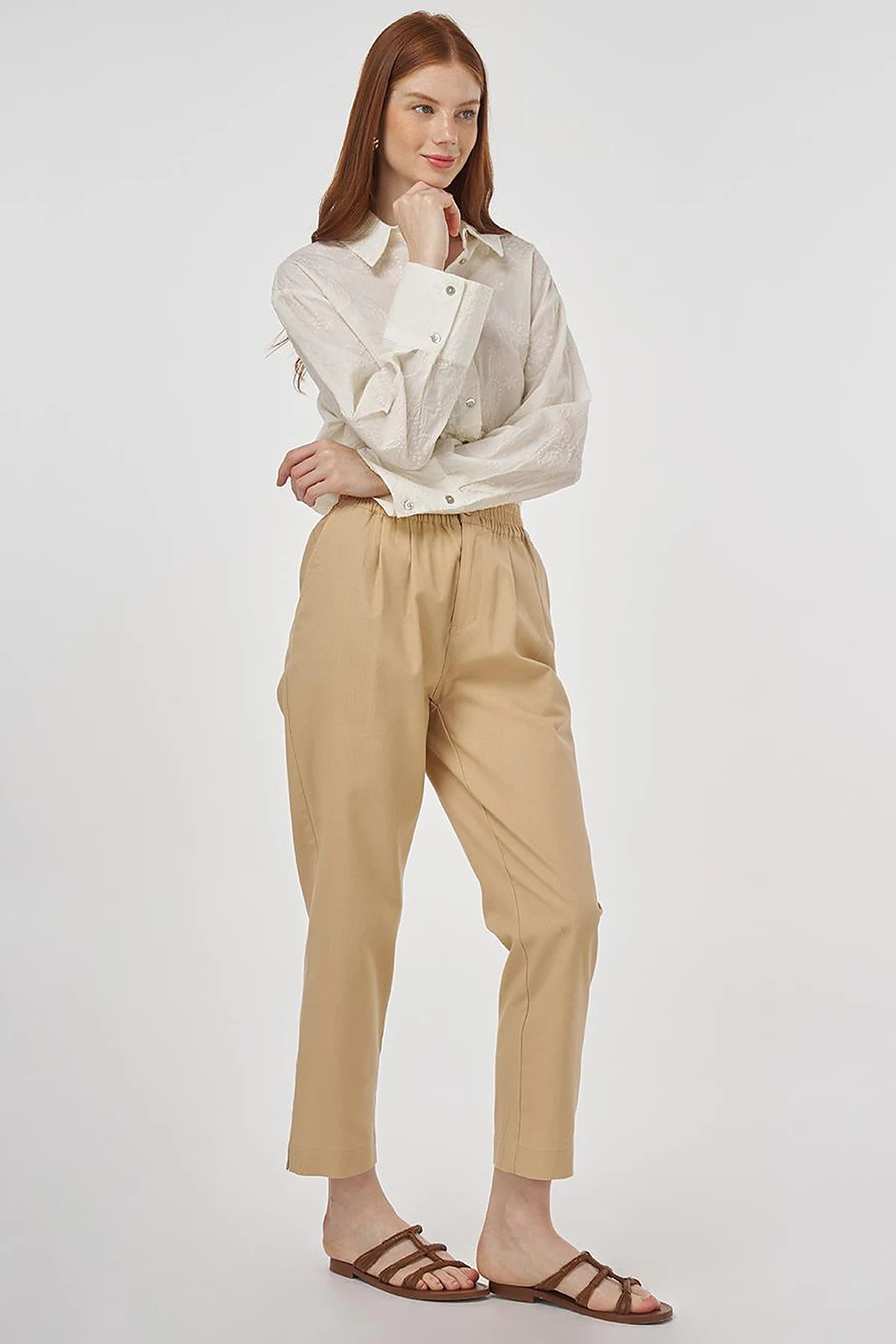 Elasticated Waist Straight-Leg Pants Beige