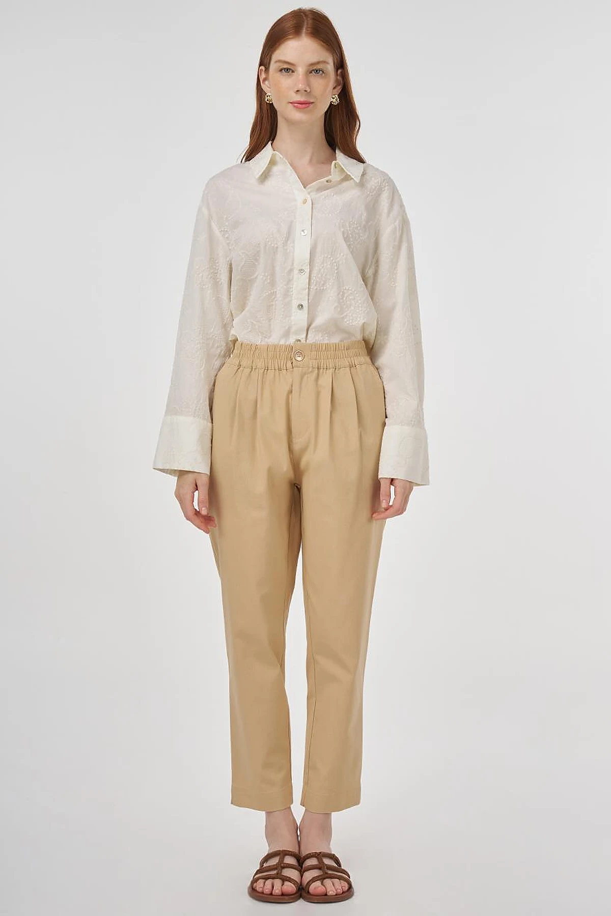 Elasticated Waist Straight-Leg Pants Beige