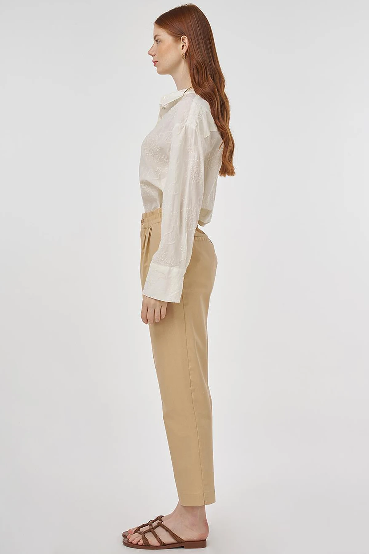 Elasticated Waist Straight-Leg Pants Beige