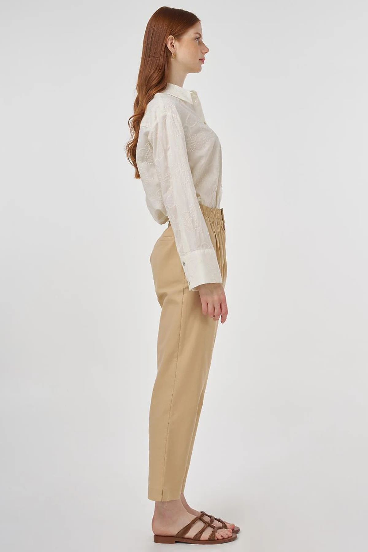 Elasticated Waist Straight-Leg Pants Beige
