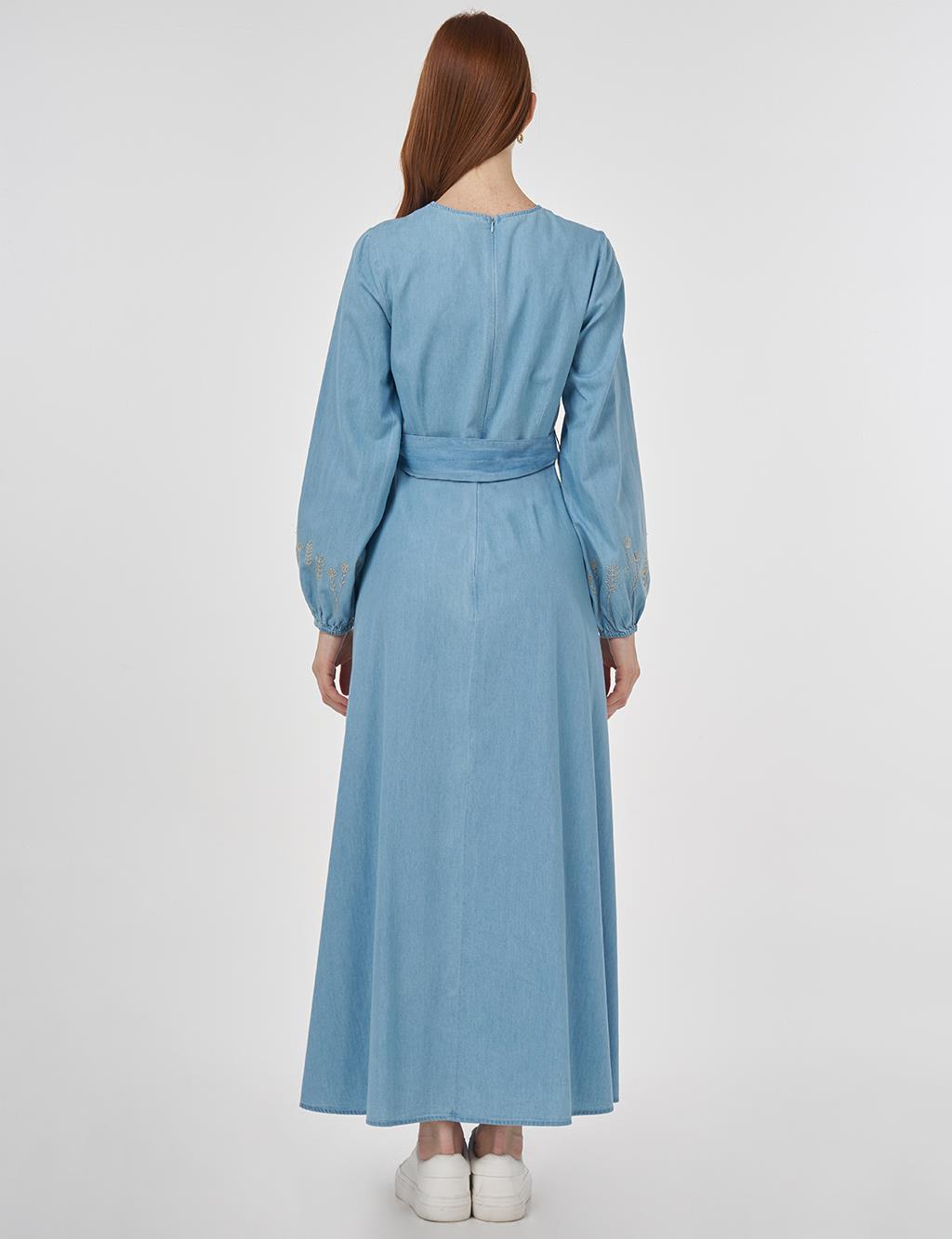 Buckle Detailed Cotton Maxi Dress Ice Blue