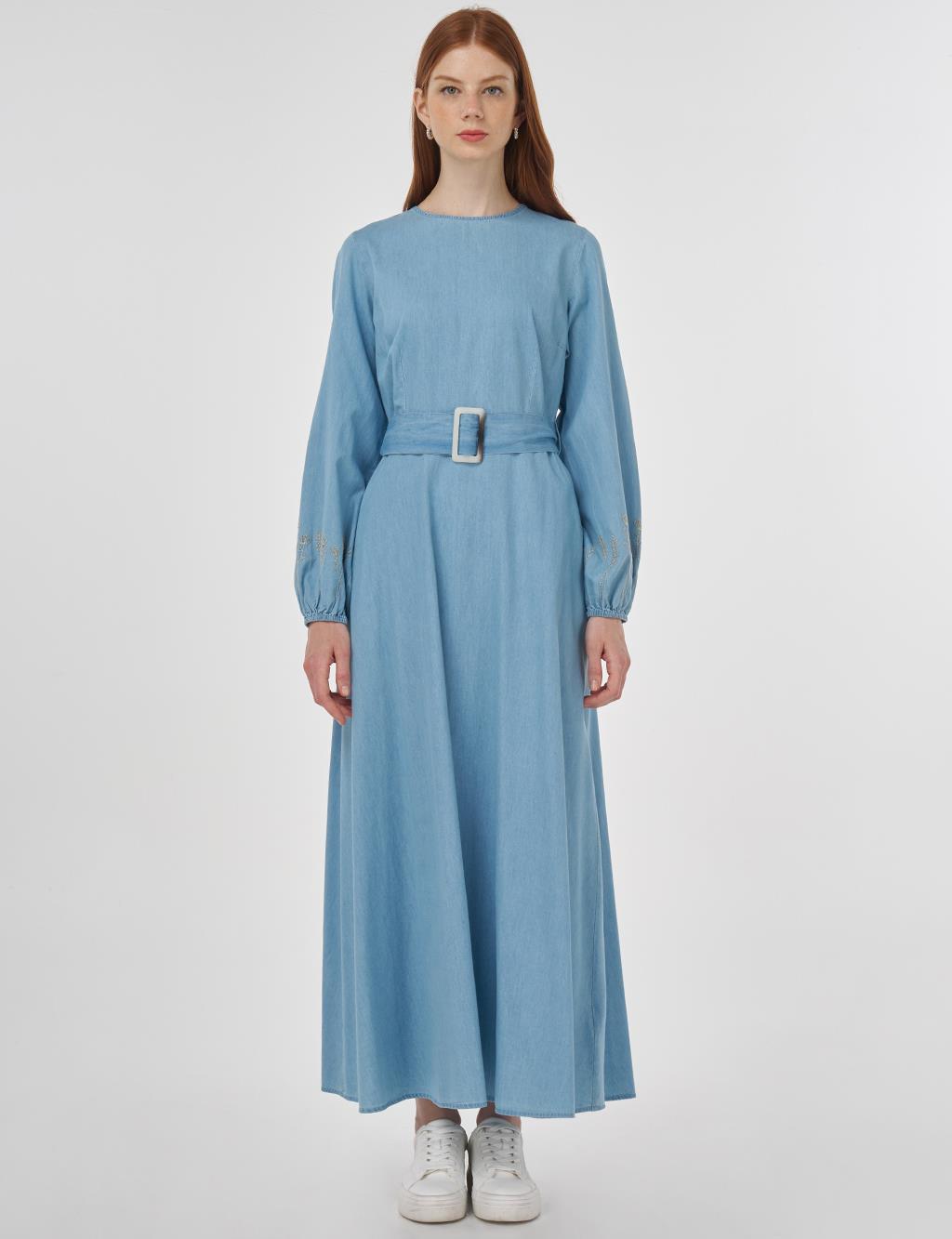 Buckle Detailed Cotton Maxi Dress Ice Blue