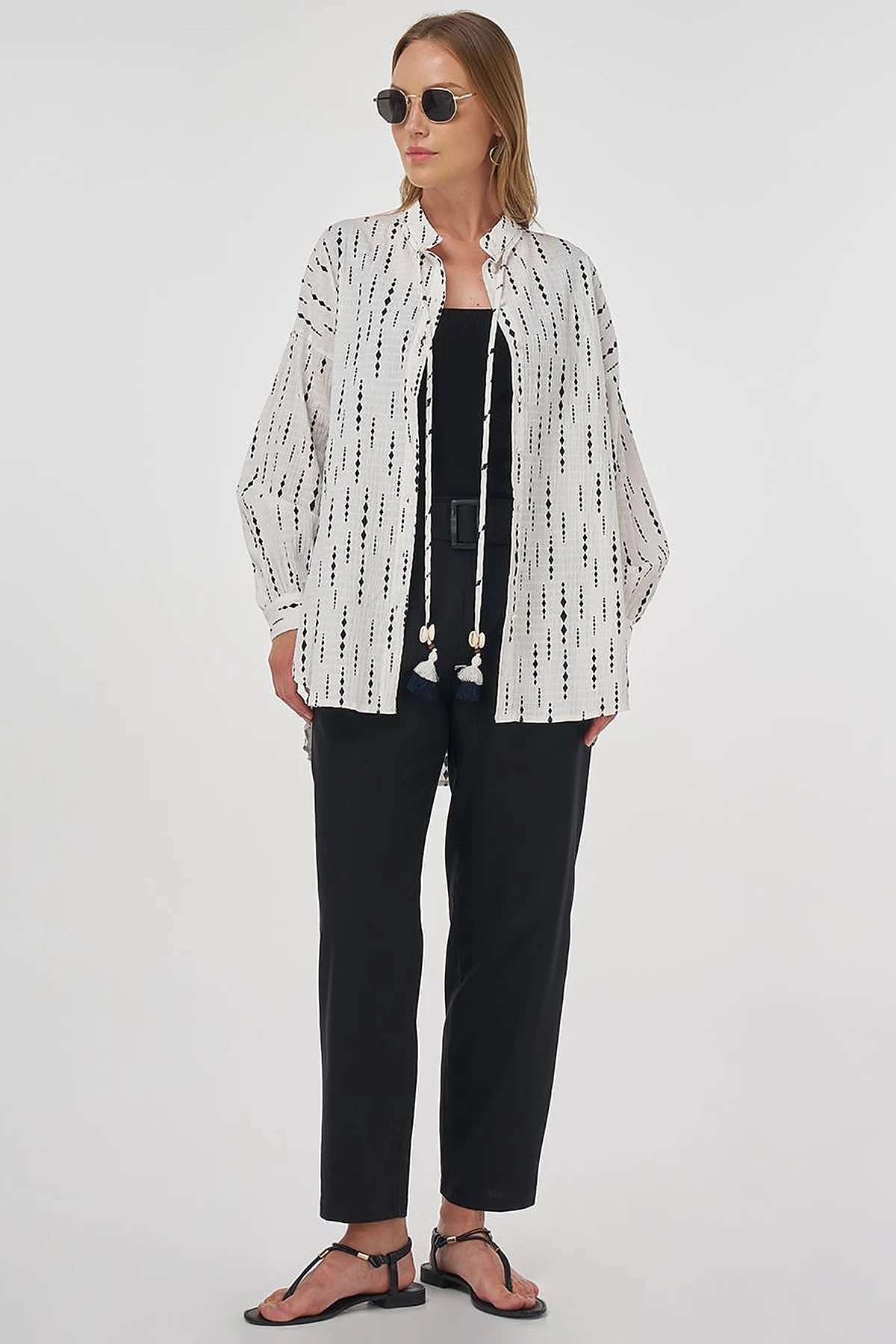 Tassel Detailed Cotton Tunic in Dark Navy