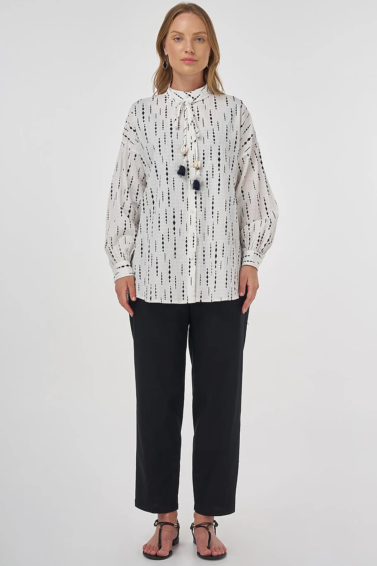 Tassel Detailed Cotton Tunic in Dark Navy