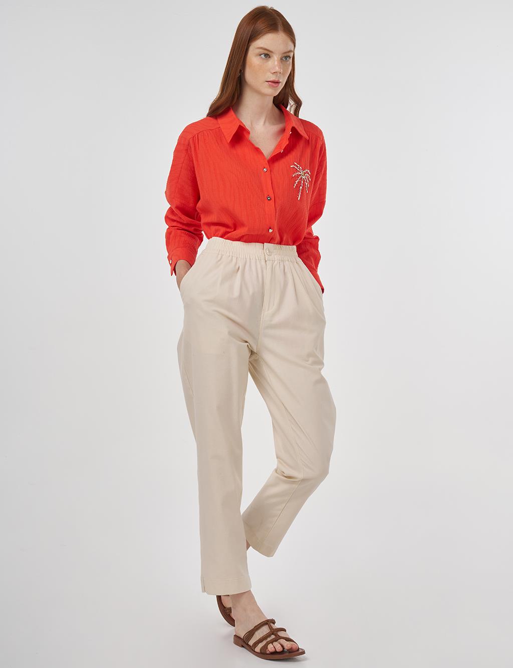 Palm Embroidered Cotton Tunic Coral