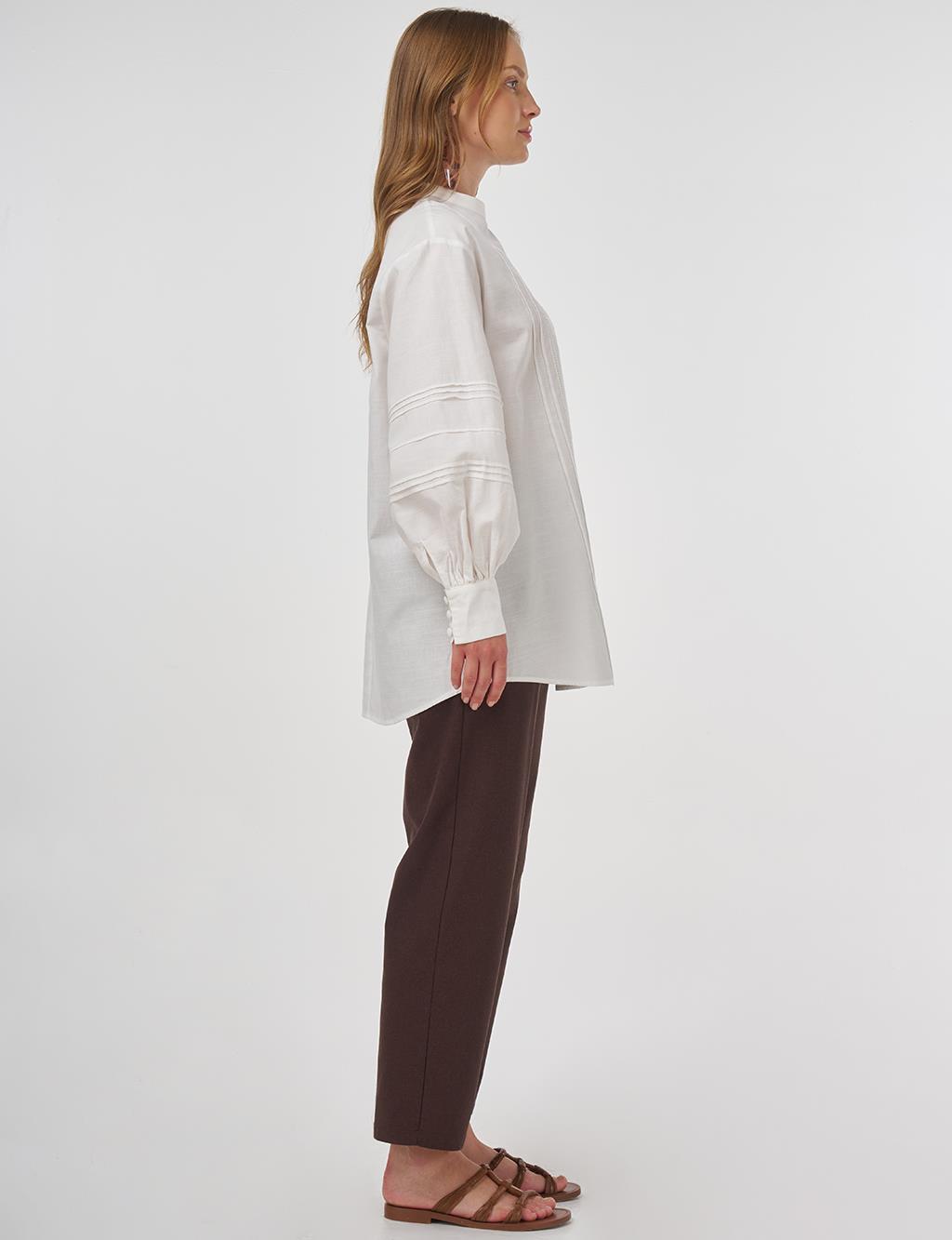 Pintuck-Stitched Cotton Linen Blouse Optical White