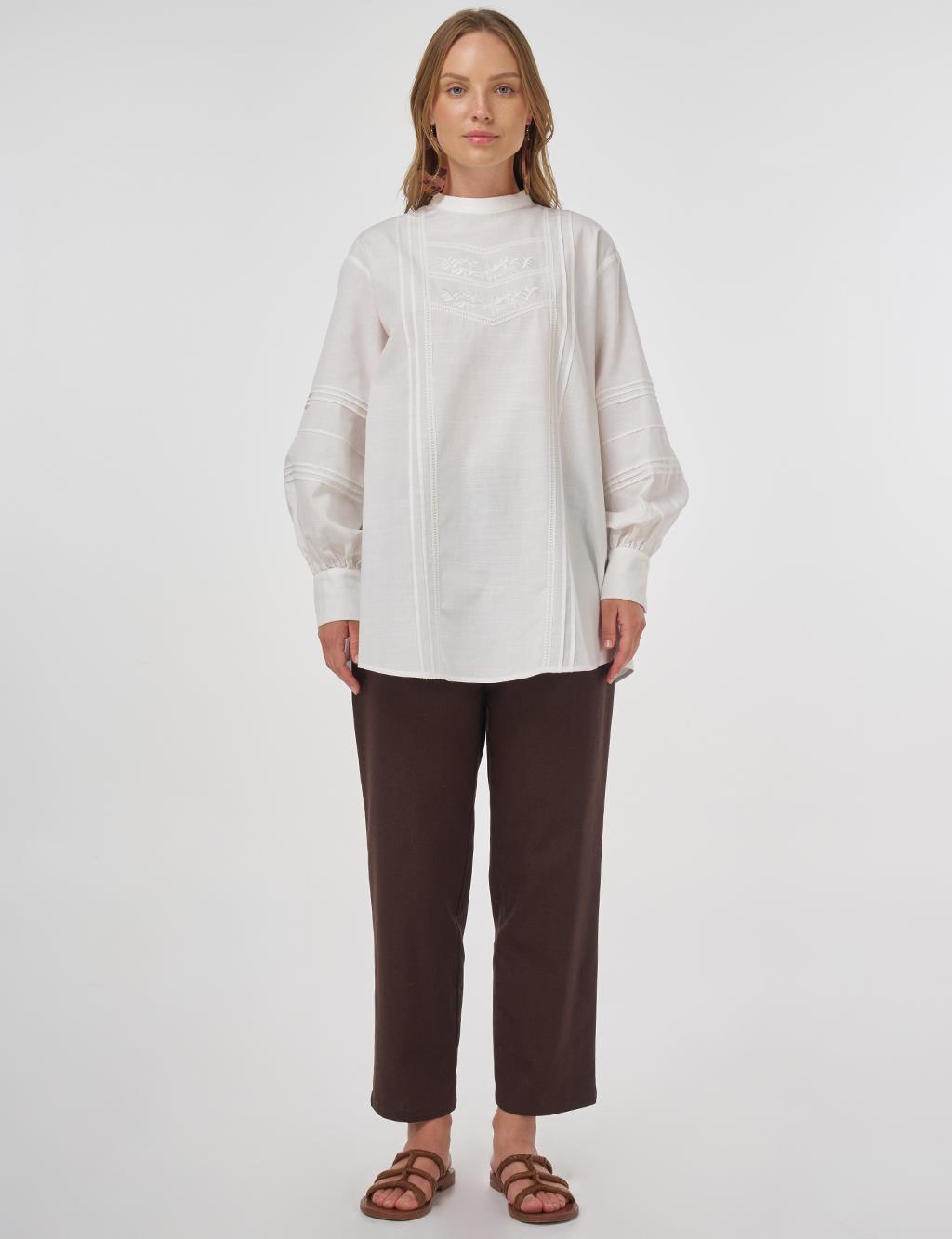 Pintuck-Stitched Cotton Linen Blouse Optical White