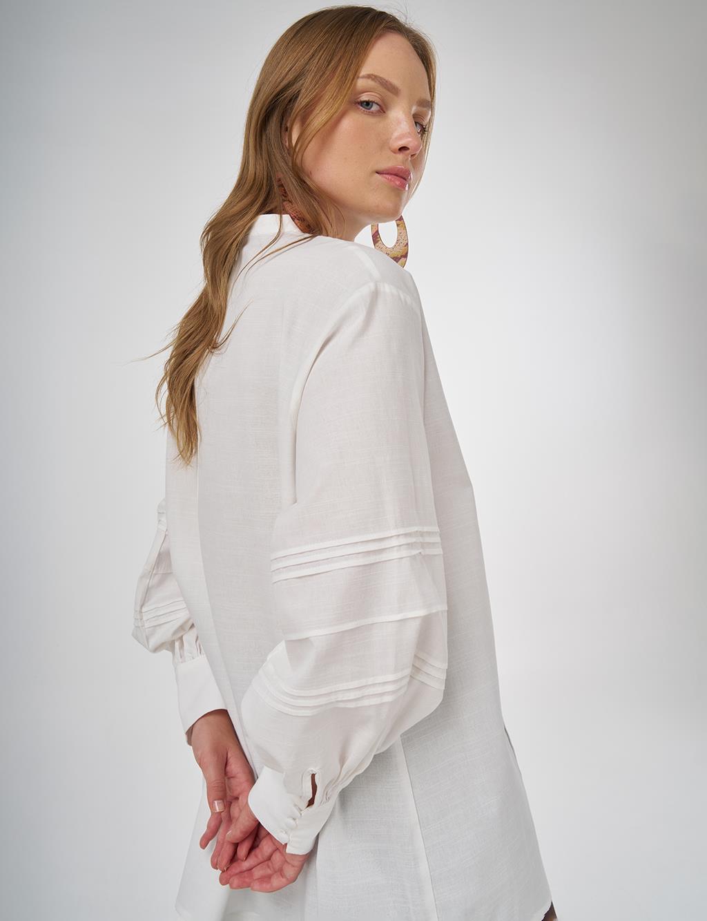 Pintuck-Stitched Cotton Linen Blouse Optical White
