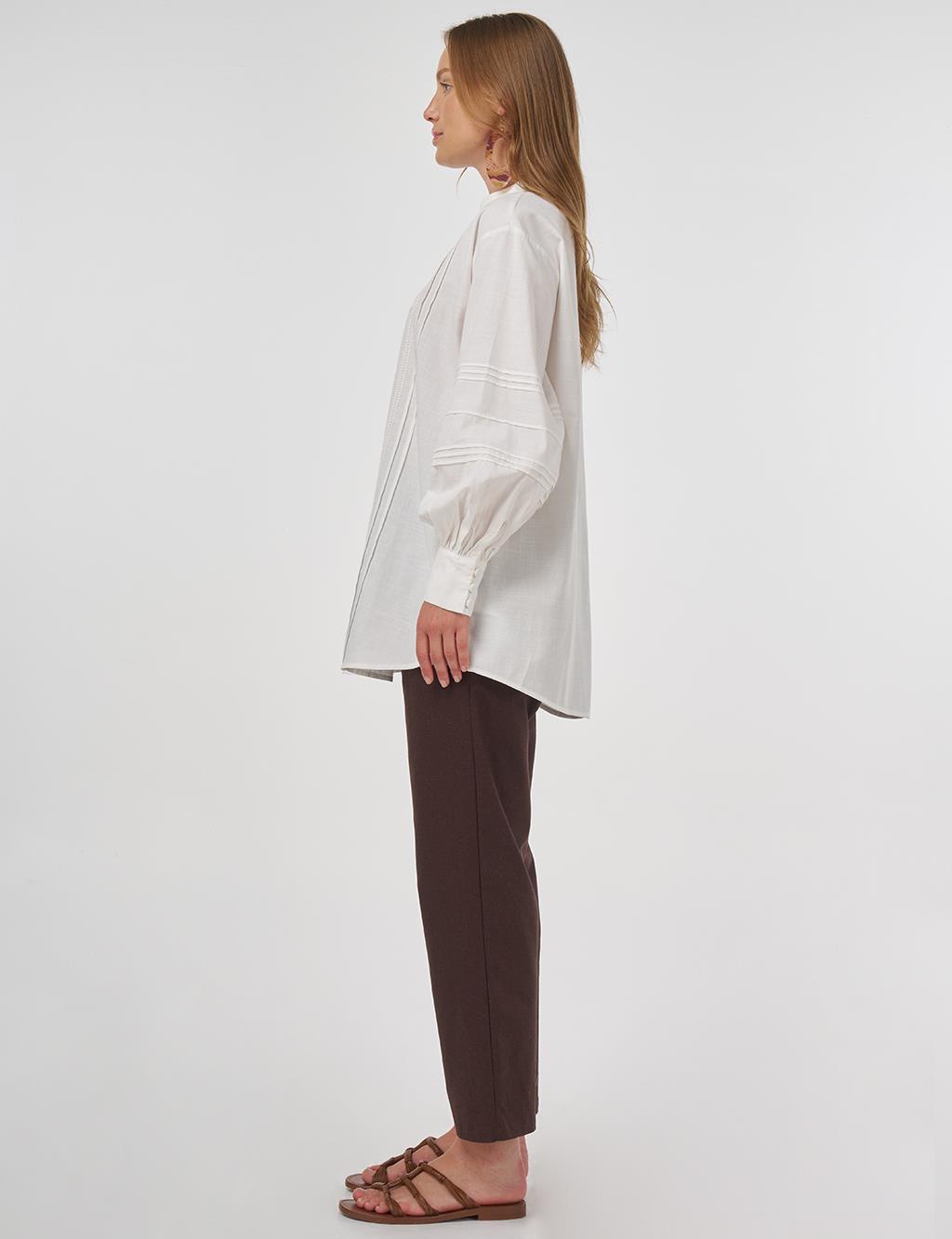 Pintuck-Stitched Cotton Linen Blouse Optical White