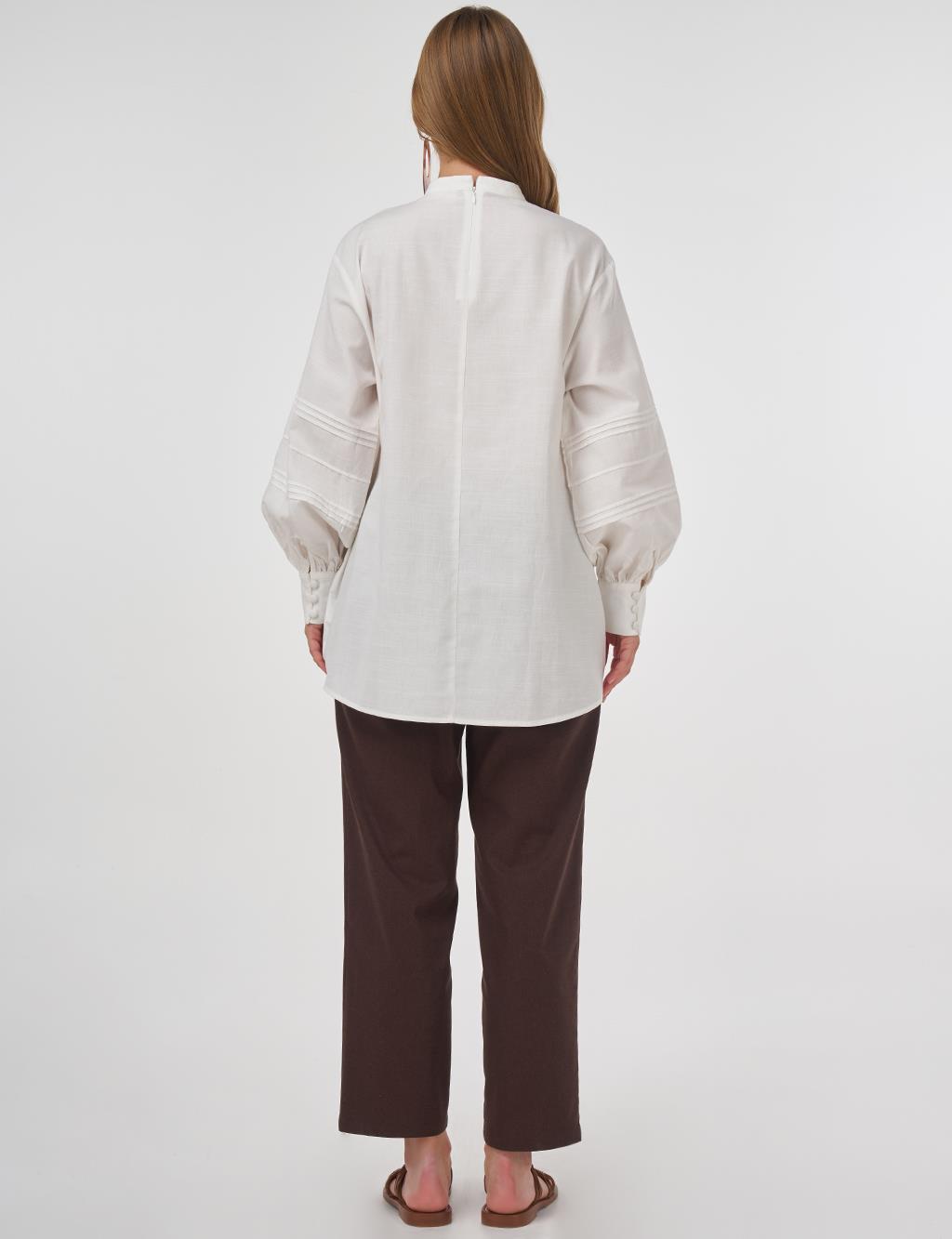 Pintuck-Stitched Cotton Linen Blouse Optical White