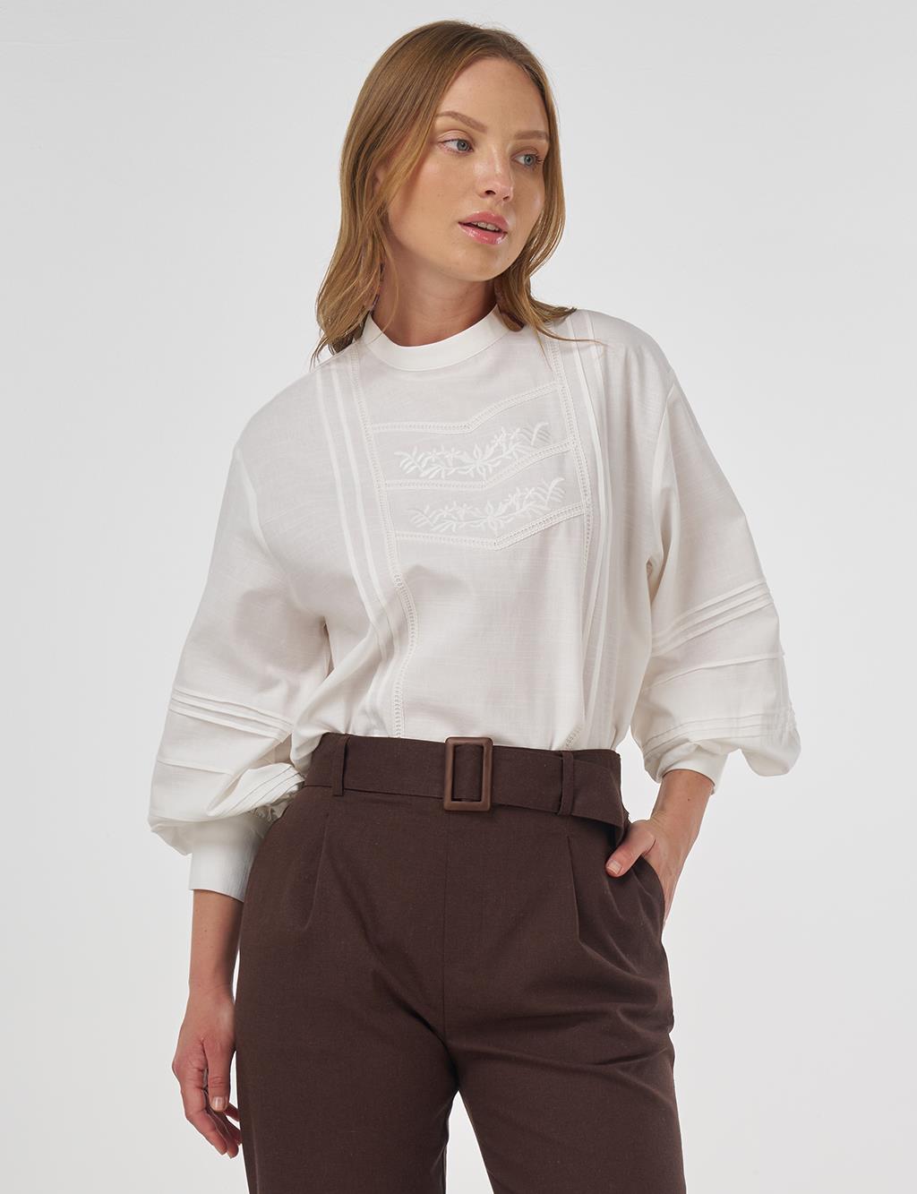 Pintuck-Stitched Cotton Linen Blouse Optical White
