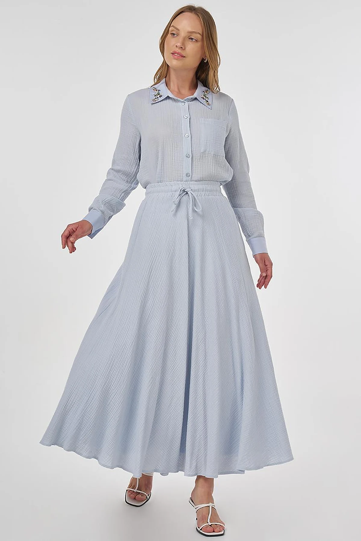 Drawstring Muslin Skirt in Blue