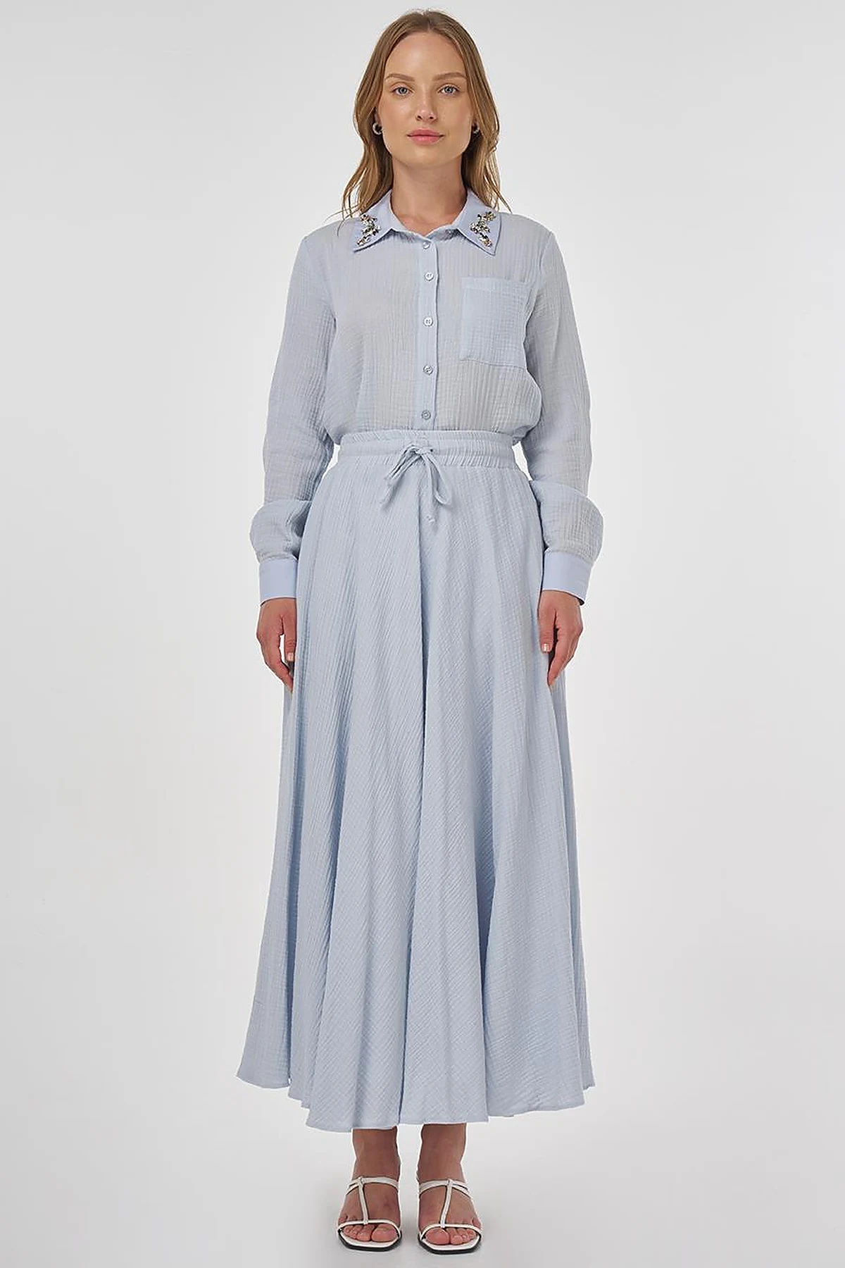 Drawstring Muslin Skirt in Blue