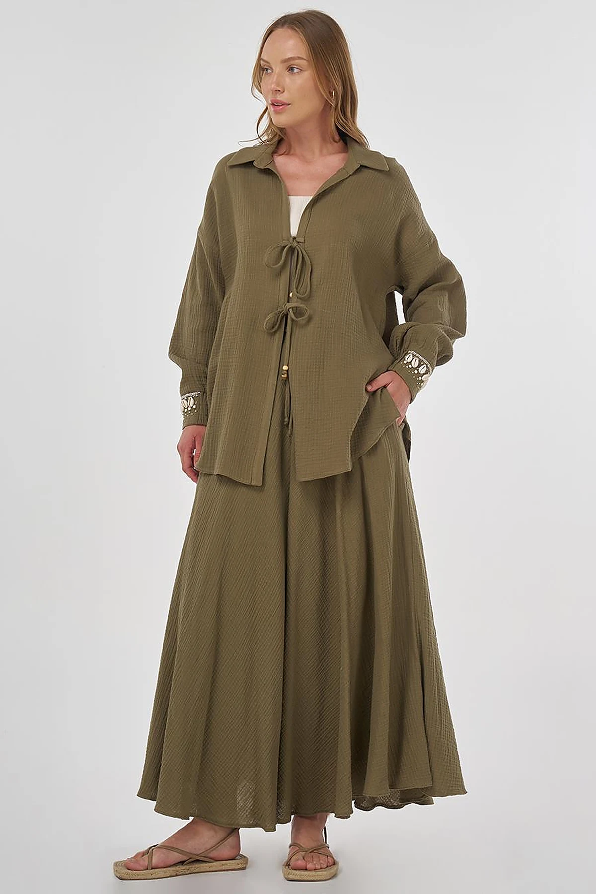 Drawstring Muslin Tunic Khaki