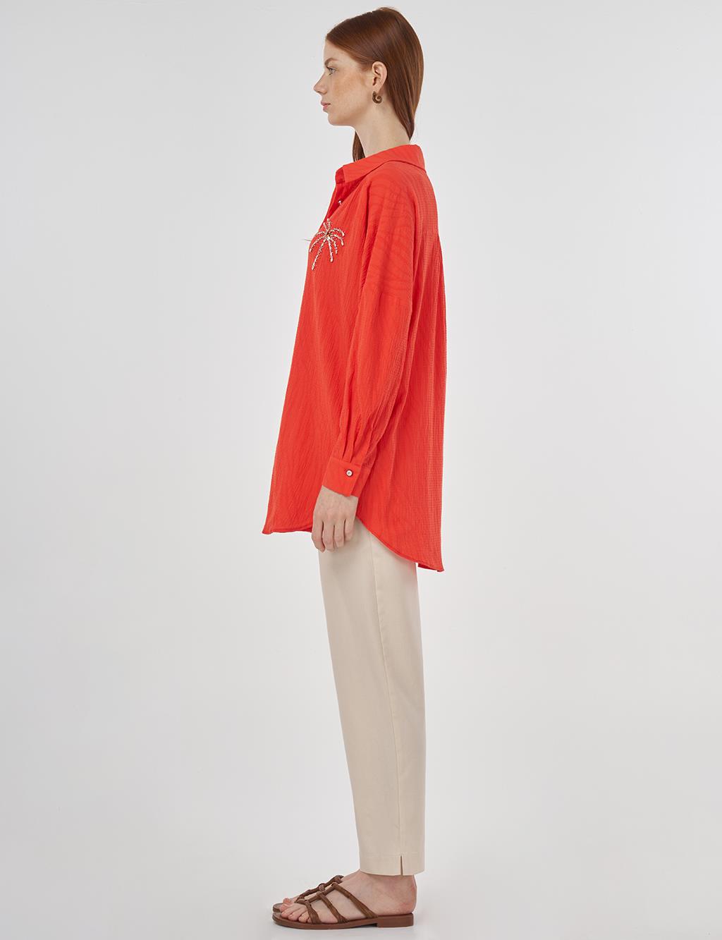 Palm Embroidered Cotton Tunic Coral