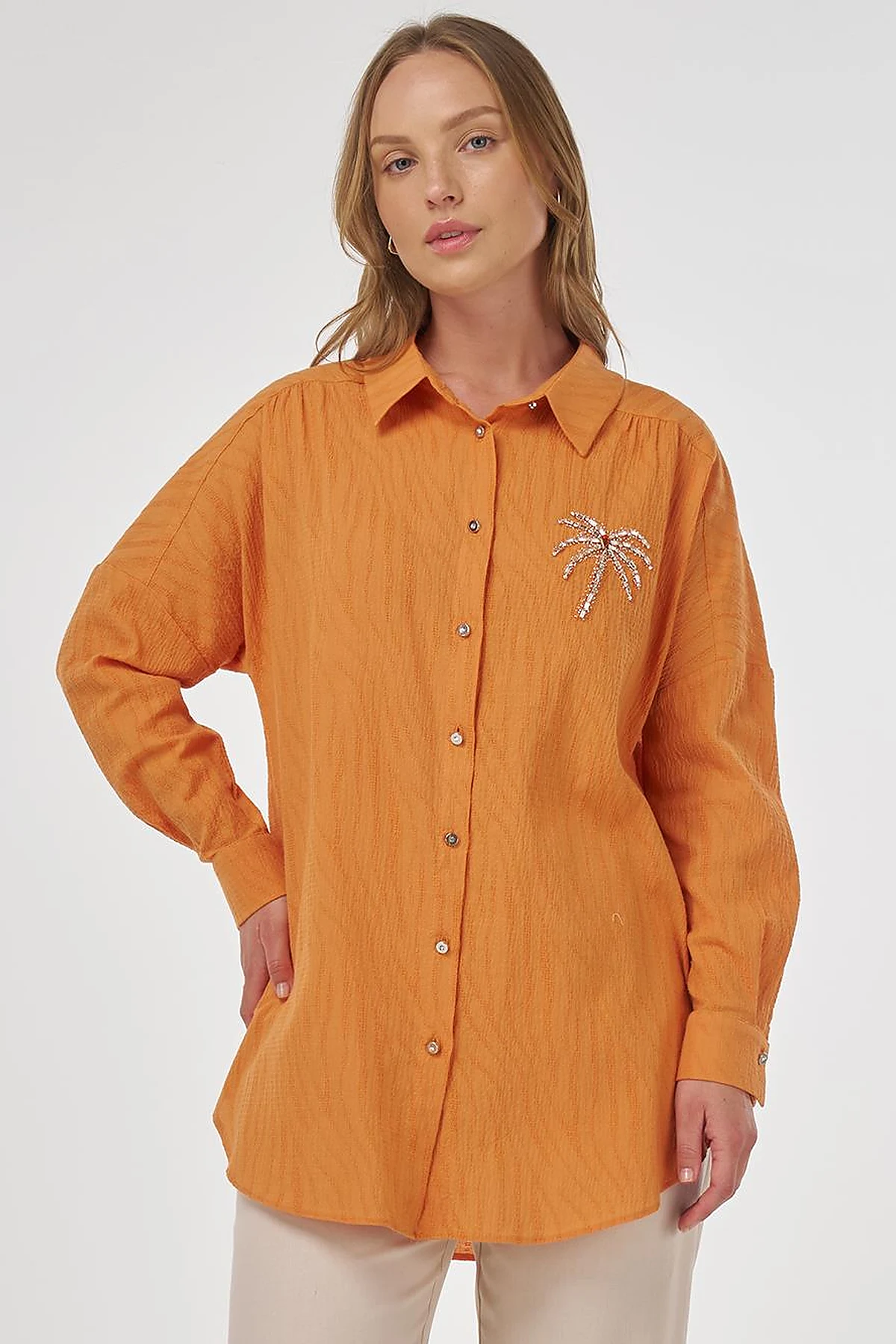 Palm Embroidered Cotton Tunic Amber