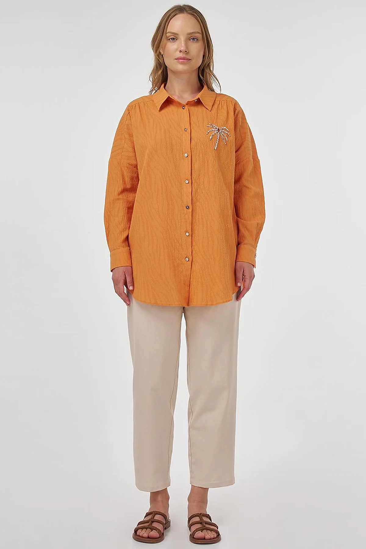 Palm Embroidered Cotton Tunic Amber