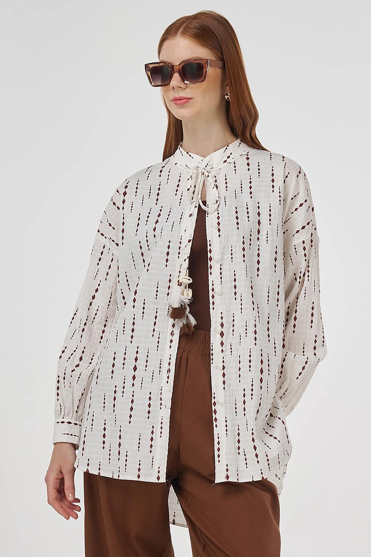 Tassel Detailed Cotton Tunic in Brown