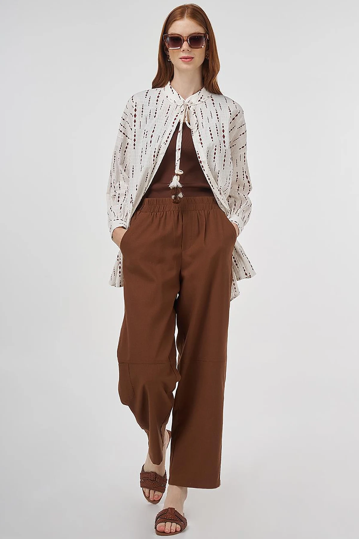 Tassel Detailed Cotton Tunic in Brown