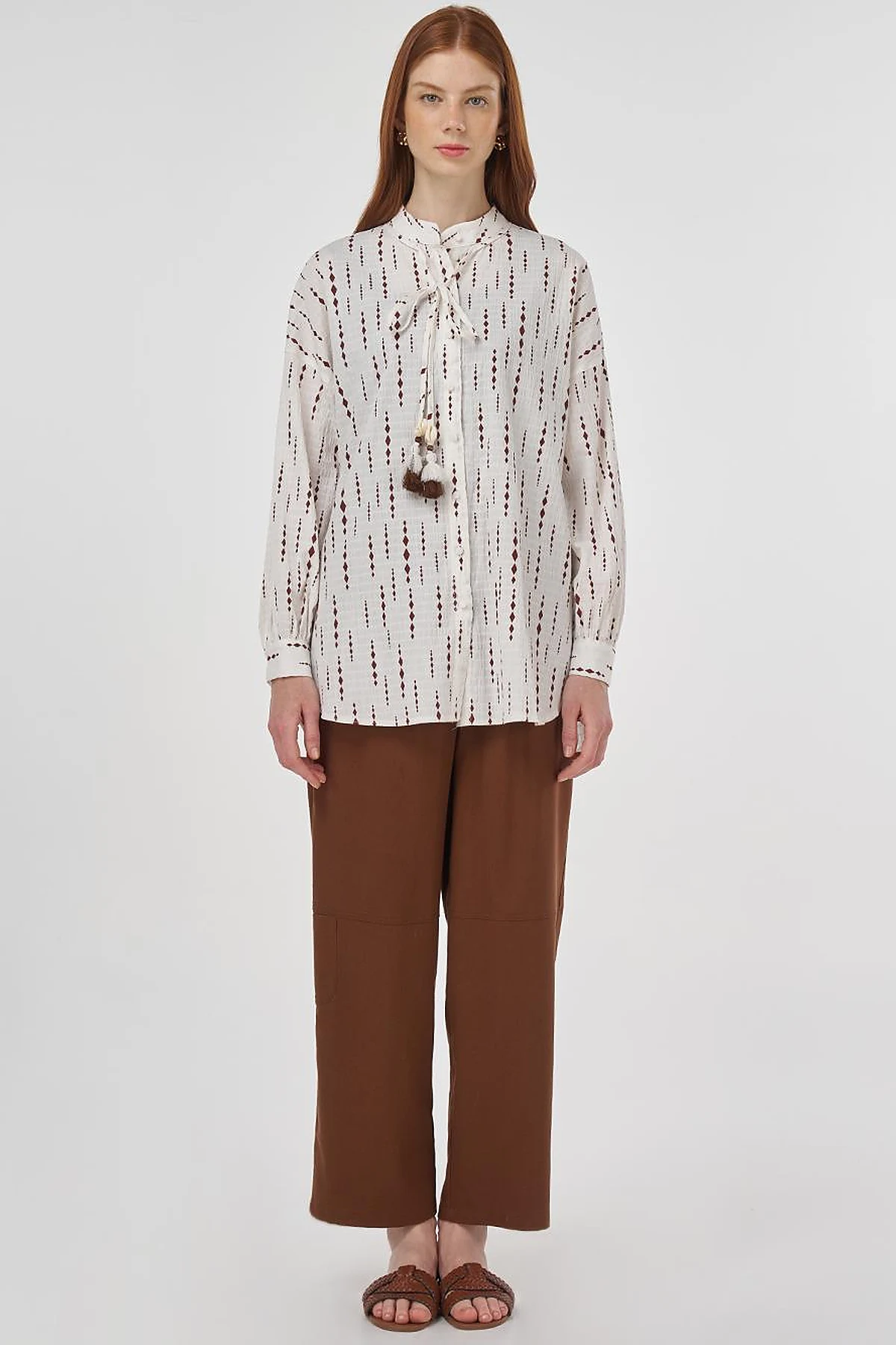 Tassel Detailed Cotton Tunic in Brown