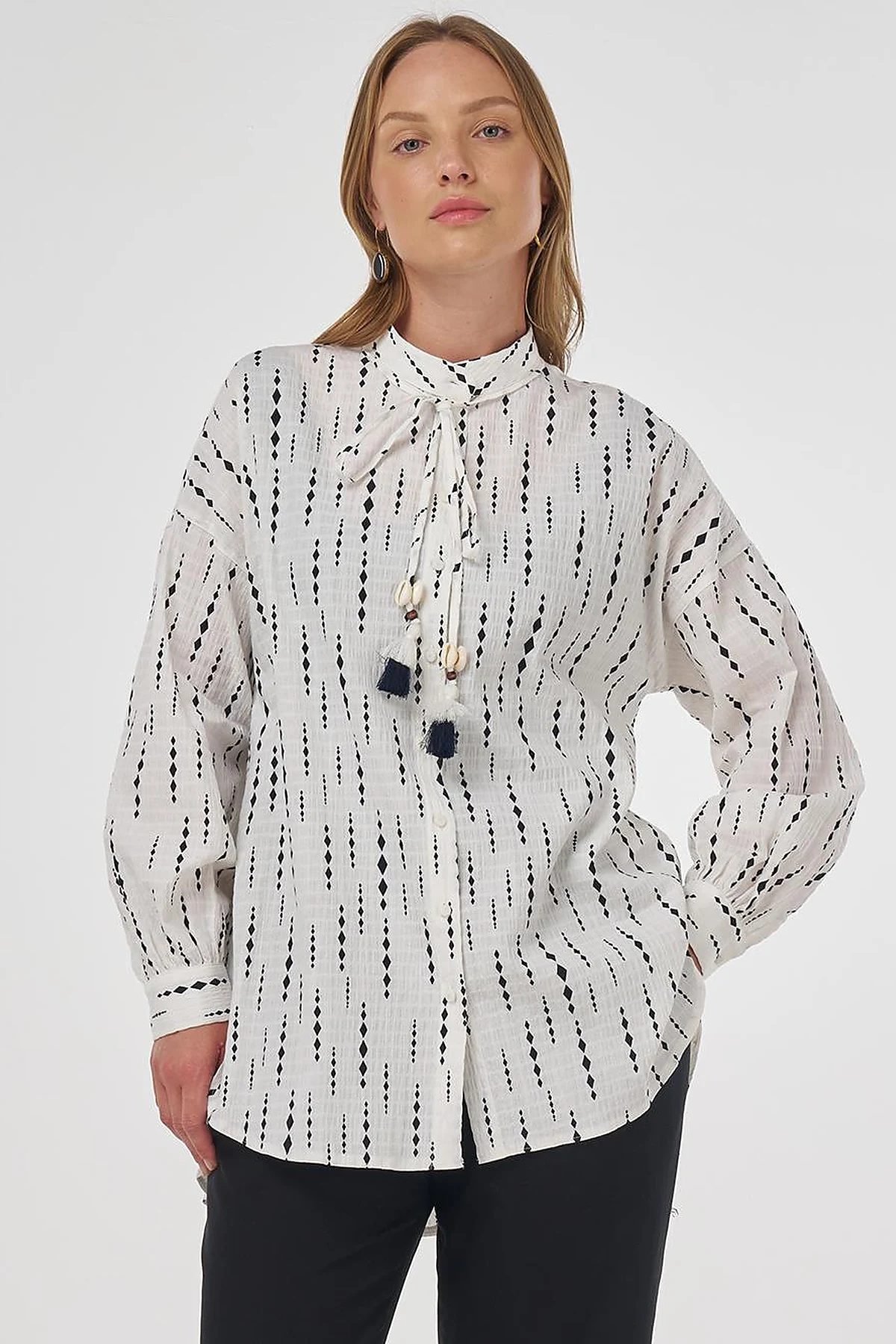 Tassel Detailed Cotton Tunic in Dark Navy