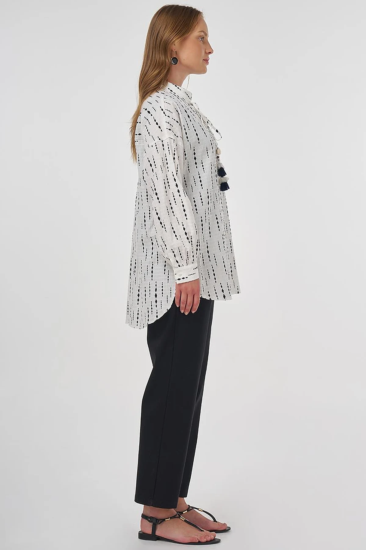 Tassel Detailed Cotton Tunic in Dark Navy