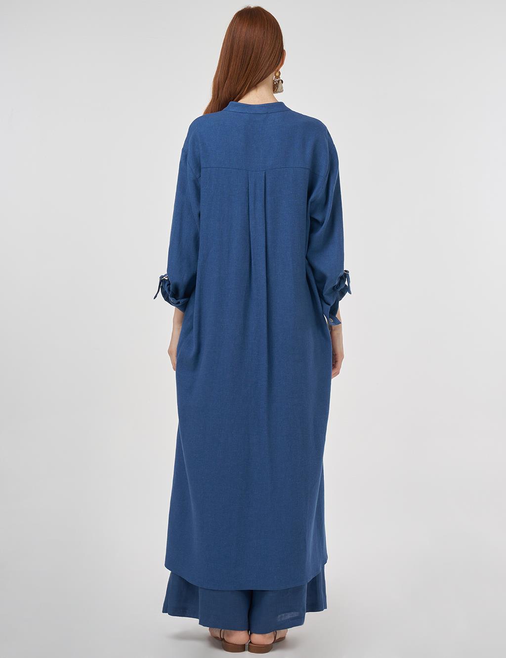 Mandarin Collar Linen-Viscose Tunic Indigo
