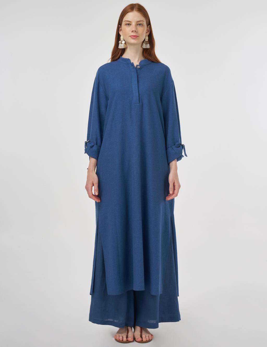 Mandarin Collar Linen-Viscose Tunic Indigo