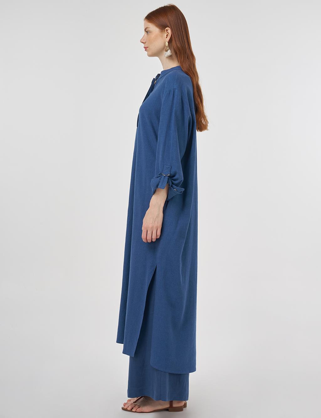 Mandarin Collar Linen-Viscose Tunic Indigo
