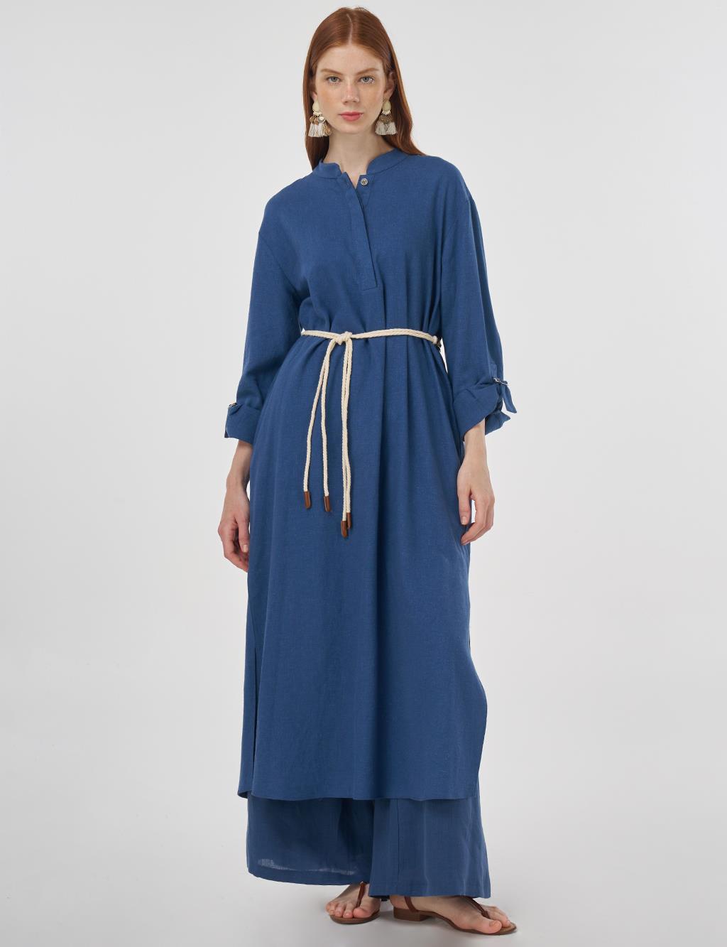 Mandarin Collar Linen-Viscose Tunic Indigo