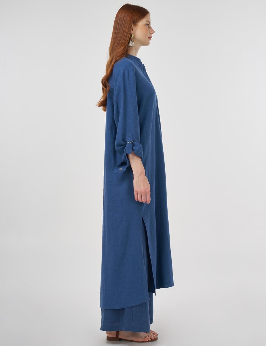 Mandarin Collar Linen-Viscose Tunic Indigo
