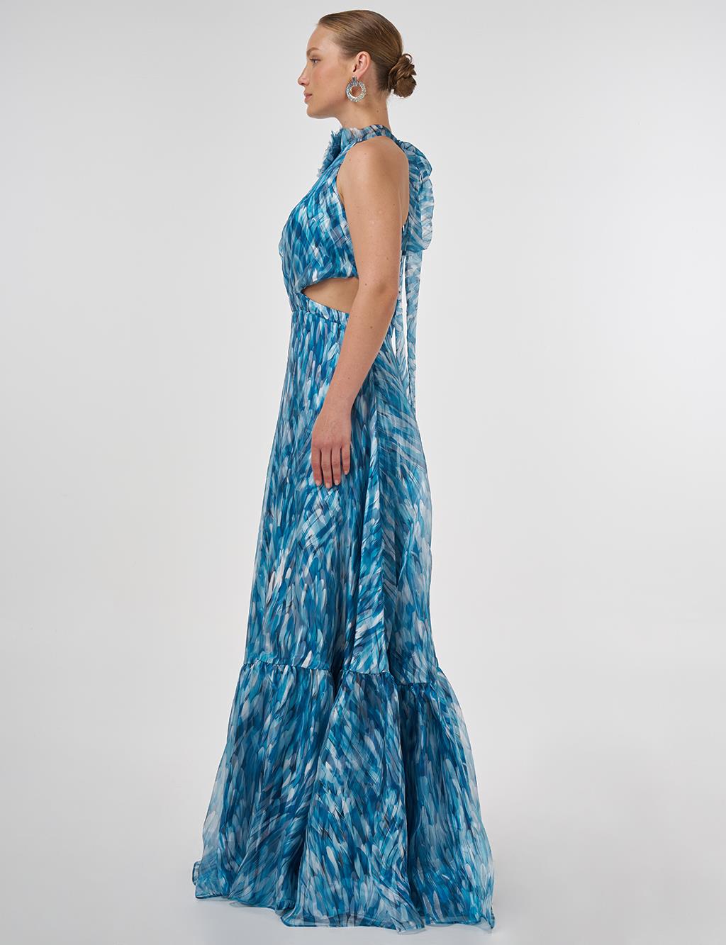 Abstract Pattern Ruffled Evening Dress Petrol