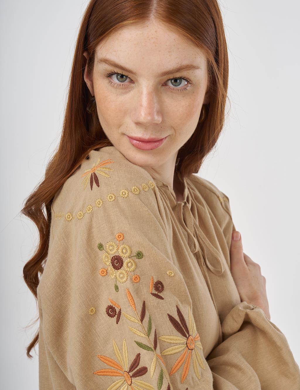 Drawstring Linen Viscose Blouse Beige