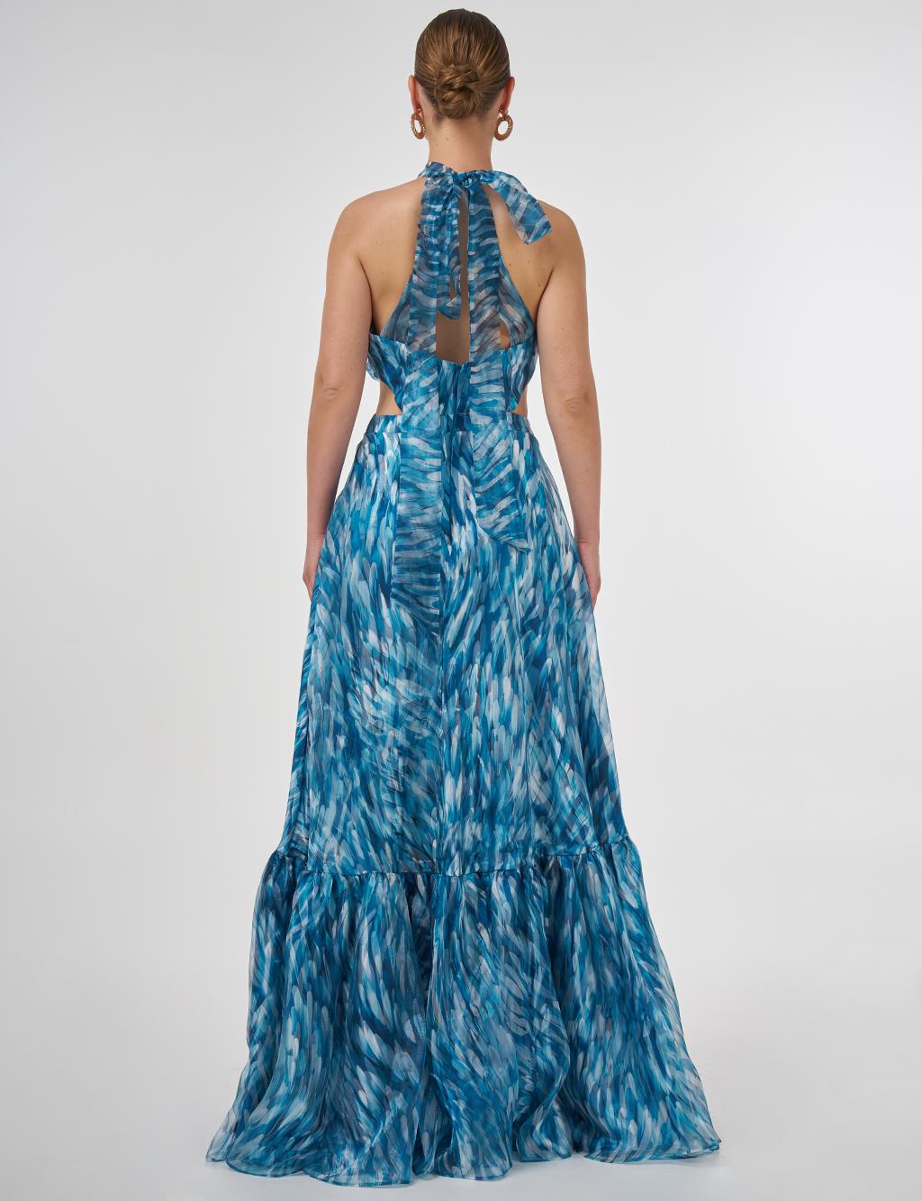 Abstract Pattern Ruffled Evening Dress Petrol