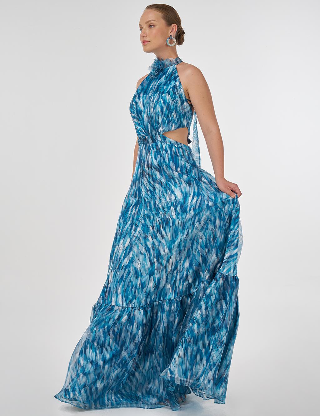 Abstract Pattern Ruffled Evening Dress Petrol