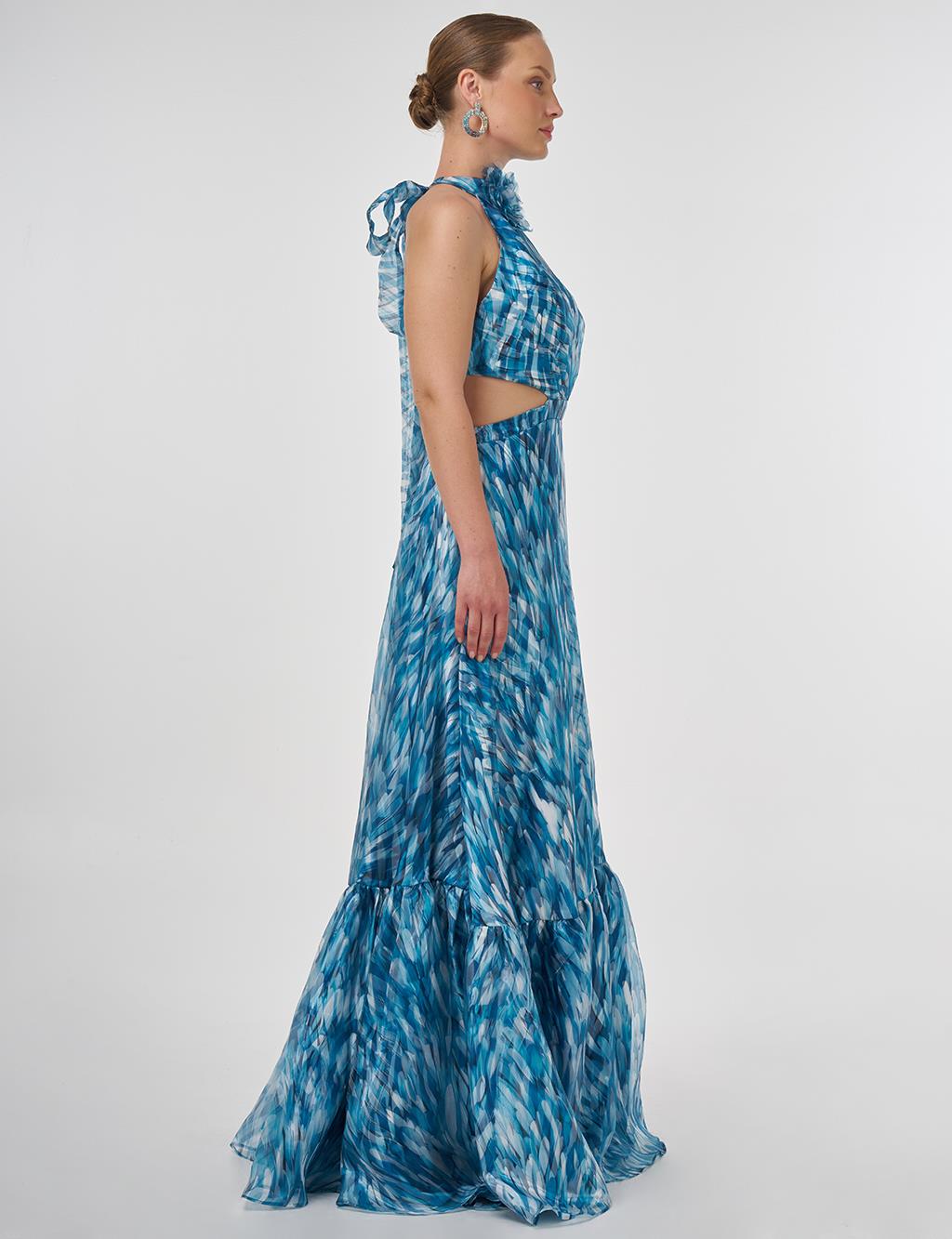 Abstract Pattern Ruffled Evening Dress Petrol