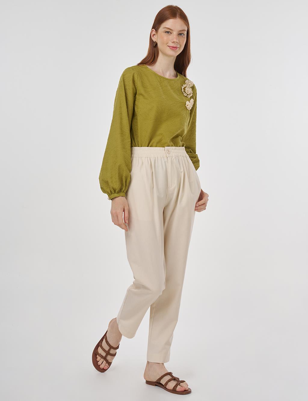Floral Appliqué Cotton Blouse in Khaki
