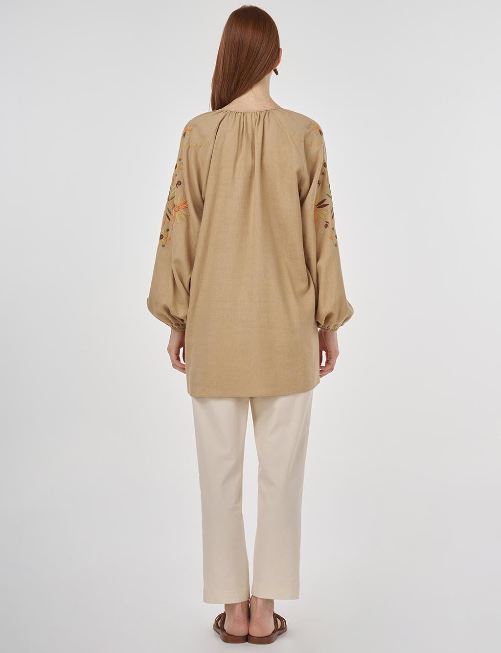 Drawstring Linen Viscose Blouse Beige